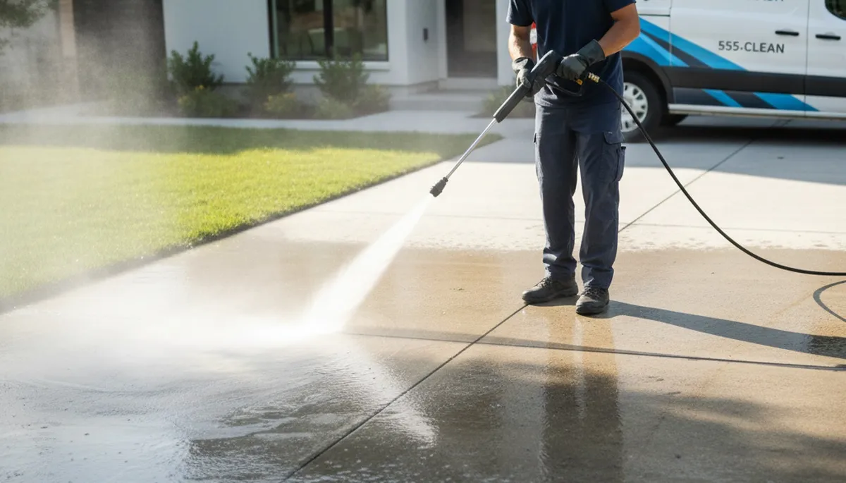 Green Bay, WI painters cleaning concrete driveway and patio with pressure washer