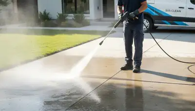 Green Bay, WI painters cleaning concrete driveway and patio with pressure washer