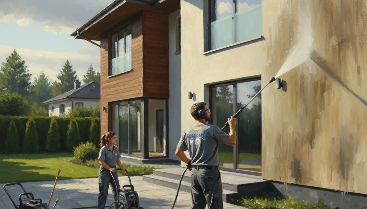 Pressure cleaning exterior in Green Bay, WI to remove salt, mildew, and buildup from siding and surfaces
